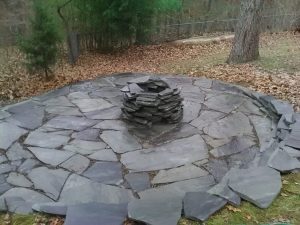 blue grey Tennessee  flagstone firepit patio retaining wall combo